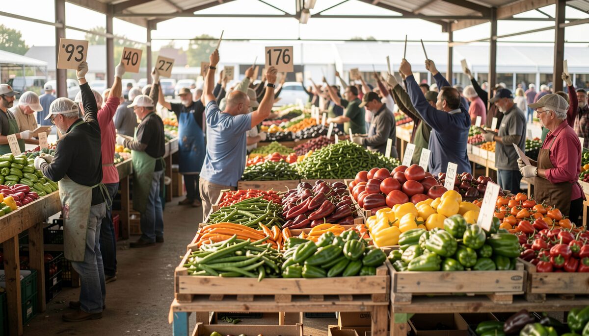 A produce auction floor with pallets of peppers and buyers raising bidder numbers.